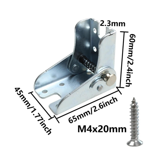 Heavy Duty Folding Hinge Bracket Pair With Self Locking Design And Rock Solid Table Leg Support For Home Shops And Workbenches with measurement details.