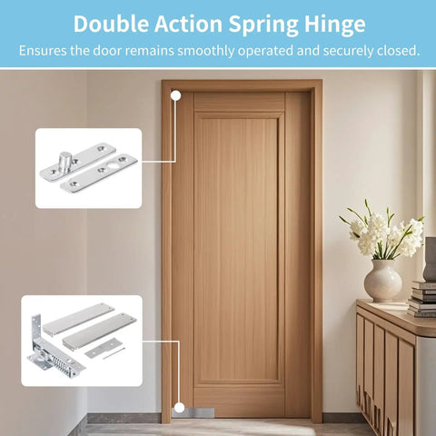 Wood door with Double Action Self Closing Door Hinge With Cover Plates, Beefy Stainless Steel Pivot for 1.25-1.75 inch thickness