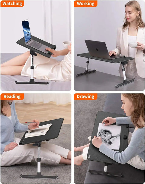 Adjustable Laptop Desk Tray for Bed and Couch Portable Folding Table with 5 Height Levels and 4 Tilt Angles in multiple uses