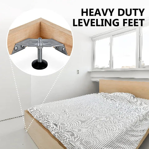 Heavy Duty Adjustable Corner Leveling Feet 4 Pack With Tough Nylon Pads And Precision M10 Bolts for bed support and stability.