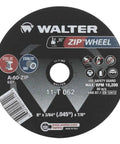 Close-up of Zip Wheel Cut Off Wheel Set 6 Inch By 3 64th Inch By 7 8th Inch Type 1 A60 Grit 25 Pack, showing specifications and logo.