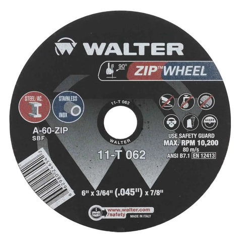 Close-up of Zip Wheel Cut Off Wheel Set 6 Inch By 3 64th Inch By 7 8th Inch Type 1 A60 Grit 25 Pack, showing specifications and logo.
