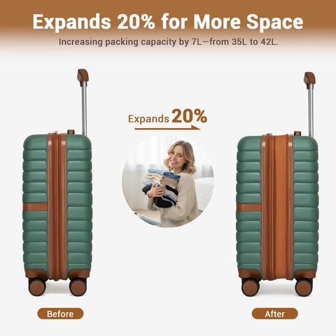 Expandable Carry On Luggage 20 Inch With Spinner Wheels Airline Approved Durable PC ABS Hardside Roller Case expands 20%