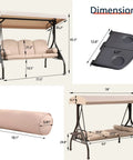 Three Seat Outdoor Porch Swing With Adjustable Canopy, Comfy Waterproof Cushions And Pillow, Foldable Side Tray Dimensions