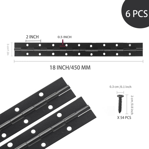 Six Pack Rock Solid Black Piano Hinges 18 Inch Heavy Duty Continuous Barrel Hinges For Cabinets rust resistant stainless steel with dimensions.