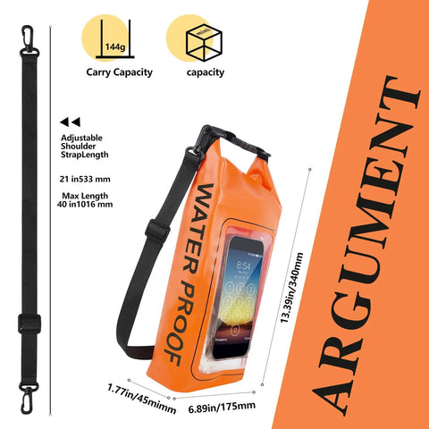 IP68 Waterproof Roll Top Dry Bag 2L with Phone Pouch, orange color, dimensions labeled, detachable strap