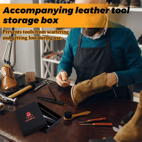 Man working with leather tools, leather storage box in foreground, on workshop table with stitching punches and cutting knife.