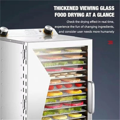 Four Hundred Watt Food Dehydrator With Six Roomy Mesh Trays And Precise Temperature Settings To Dry Beef Jerky Apples And Veggies Easy As Pie While Keeping Your Kitchens Completely Stress Free showing thickened glass door and colorful trays.