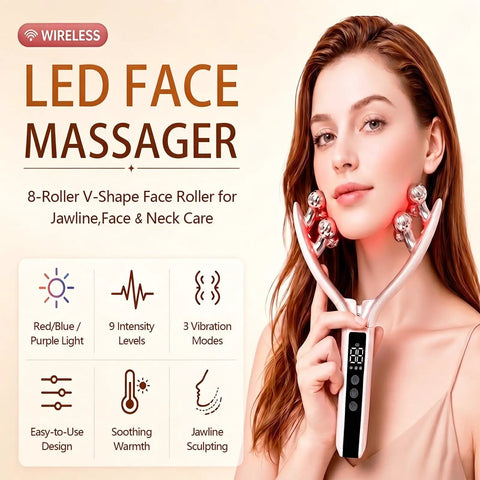Woman using Wireless Face Massager With 8 Roller 3D Face Roller LED Light Therapy Massager For Jawline Sculpting