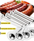 4-Pack Universal Sausage Stuffer Tubes With Four Diameters For LEM 606 Series Stuffers, stainless steel next to cooked sausages