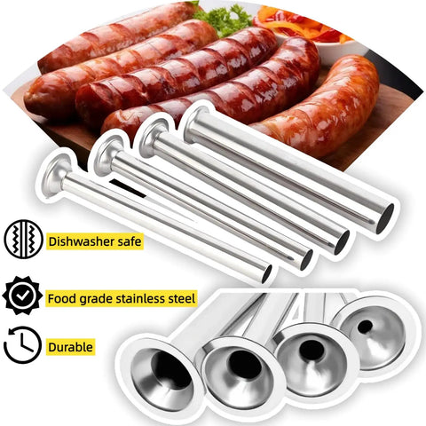 4-Pack Universal Sausage Stuffer Tubes With Four Diameters For LEM 606 Series Stuffers, stainless steel next to cooked sausages