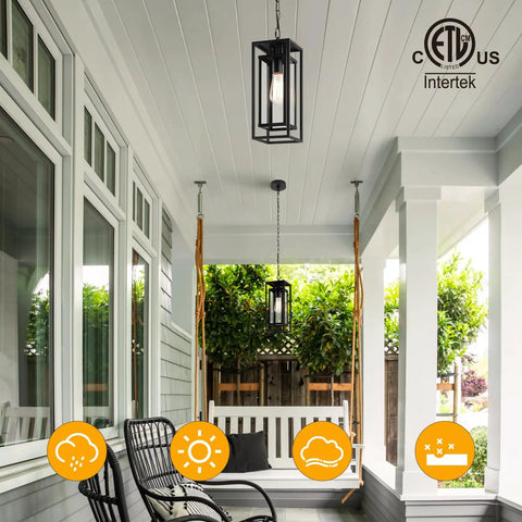 Dope 14 Inch Outdoor Pendant Light For Front Porch Featuring Adjustable Six Foot Chain And Sleek Vintage Metal Shade For Patio Entryway Hanging Lamp above a swing on a porch.