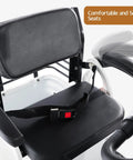 Comfortable black seat with safety belt in White 2-Passenger Electric Golf Cart Cruiser With Powerful 800W Motor Reaching 12 Mph Top Speed.