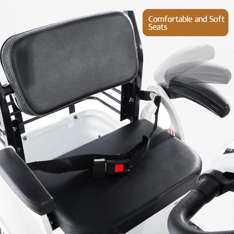 Comfortable black seat with safety belt in White 2-Passenger Electric Golf Cart Cruiser With Powerful 800W Motor Reaching 12 Mph Top Speed.