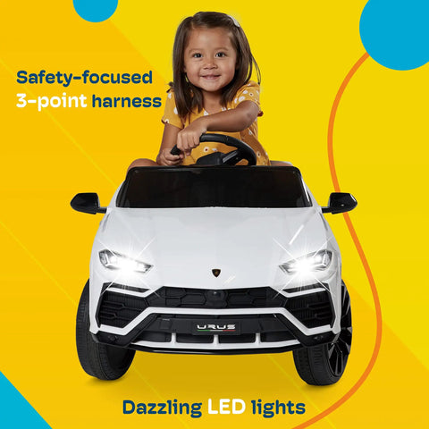 Child driving white Lamborghini Urus Licensed 12V Ride On Car For Kids With Parent Remote Realistic Open Doors LED Headlights Horn Radio AUX