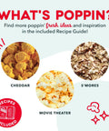 Image features popcorn flavors including cheddar, movie theater, and s'mores; recipe guide promotion for Fast 3 Minute Oil Free Hot Air Popcorn Maker 16 Cup Capacity Electric Popper Machine Low Key Essentials For Weekend Hangouts And Hit Different Easy Peasy Snacking Sessions Crisp White Finish.