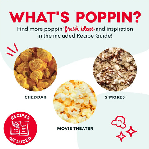Image features popcorn flavors including cheddar, movie theater, and s'mores; recipe guide promotion for Fast 3 Minute Oil Free Hot Air Popcorn Maker 16 Cup Capacity Electric Popper Machine Low Key Essentials For Weekend Hangouts And Hit Different Easy Peasy Snacking Sessions Crisp White Finish.
