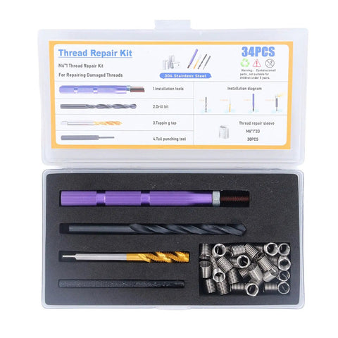 Horett Metric Thread Repair Kit M6 x 1.0 Tool Set For Stripped Holes Durable 304 Stainless Steel Insert Kit Fixing Auto And Machine Parts open case