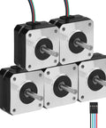 5-pack NEMA 17 bipolar stepper motors with silver faceplates, black housings, and 4-wire cables