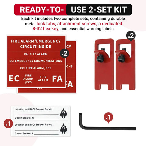 Fire Alarm Circuit Breaker Lockout Kit Two Sets With 8 32 Hex Key And Warning Labels, Red Safety Lockout System components