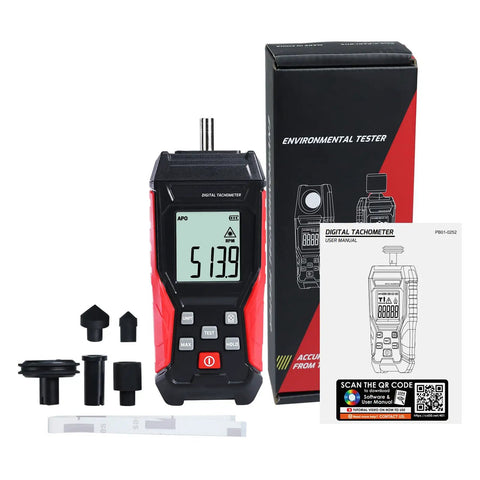 2-In-1 Tachometer With Noncontact Laser And Contact RPM Meter Gauge Tester, shown with accessories and packaging