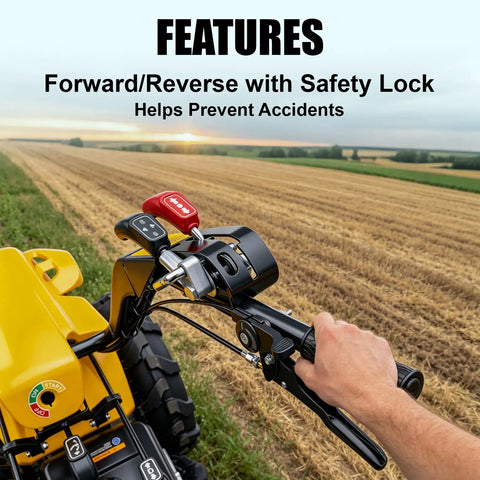 Person controlling Workhorse Power Rear Tine Tiller Cultivator with 420cc 13.5 HP gas engine in a field, showing safety features.