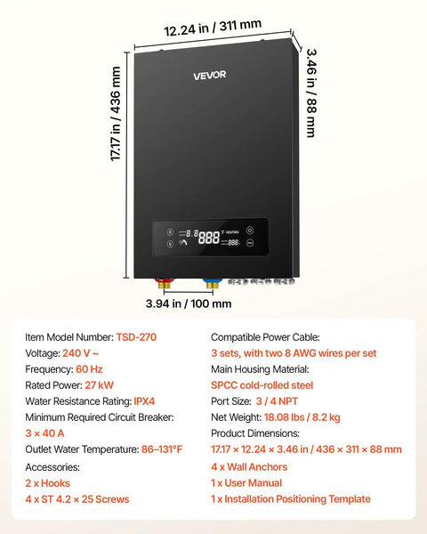 27kW Tankless Electric Water Heater 240V features digital display and compact design, perfect for instant hot water in kitchens.