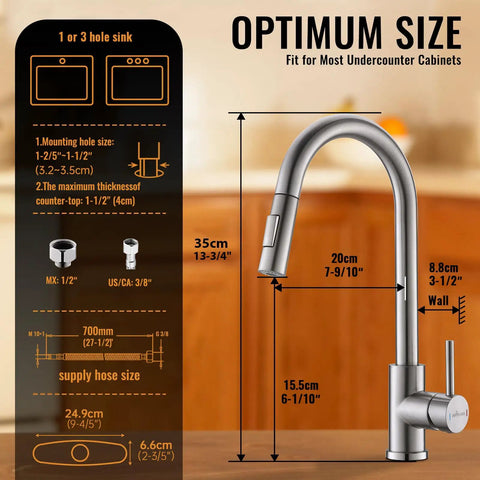 Pull Down Kitchen Faucet With Brushed Nickel Finish, Single Handle High Arc Swan Neck, Size Guide and Diagram