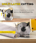 Heavy Duty Electric Rotary Fabric Carpet Cutter With 70mm Octagonal Blade, Cuts Up To One Inch Thick Material At 2400 Rpm for multi-layer cutting with adjustable guard.