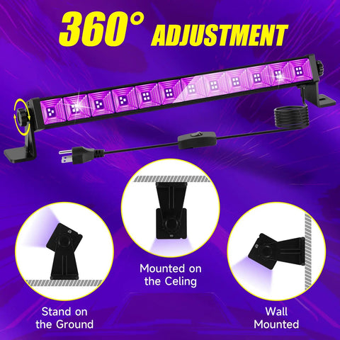 60W Black Light Bar With Remote, 360° adjustable mount, 72 LED Flood UV Light 3 Light Modes Fade Flash Strobe Timer