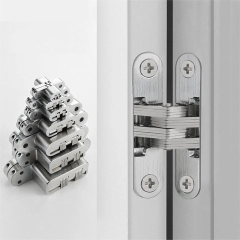 Badass Stainless Steel Hidden Door Hinges With Invisible Concealed Pivot For Cabinet Furniture Hardware Hella Rustproof And Keeping Your Doors Swinging Nice And Tight All Day Long 34X140MM stacked and mounted on a door.