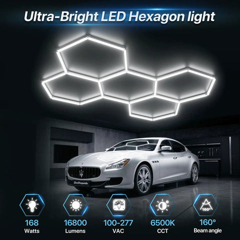Gen 2 Hexagon Garage LED Light With 3 Level Dimmable Power 168W 16800LM Beast Mode Bright Hex Shop Lighting installed in garage