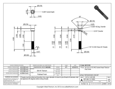 Pro Grade 1/2-13 X 3-1/2 Inch Socket Head Cap Screws Made From Grade 5 Titanium Alloy heavy duty fasteners specifications drawing.