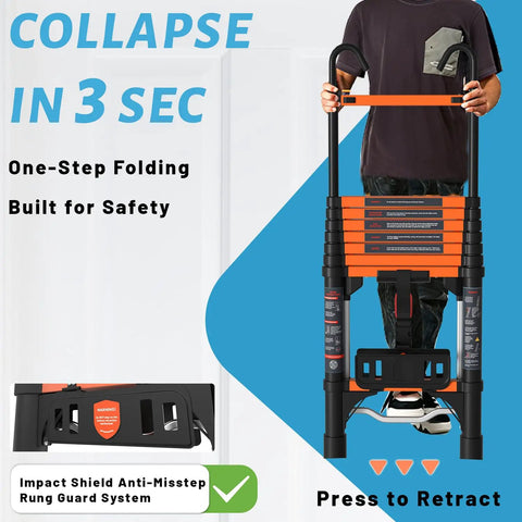 Telescoping Ladder Eight And A Half Foot Extension Ladder With Easy Fold One Step Collapsible Design For RV Home And Outdoor Use Aluminum Build Lightweight Yet Sturdy Supports Up To 330 Lbs, orange compact folded
