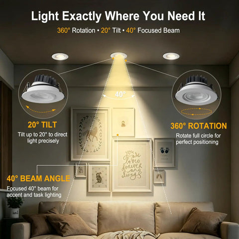 Omilora 4 Inch Gimbal Recessed Lights, Adjustable Eyeball Downlight,12 Pack showing 360° rotation and 20° tilt with focused beam.
