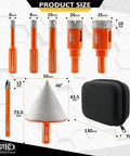 BGTEC diamond core drill bit kit, orange bits 6–35 mm, diamond chamfer finger bit, 6 mm carbide tips, black case.