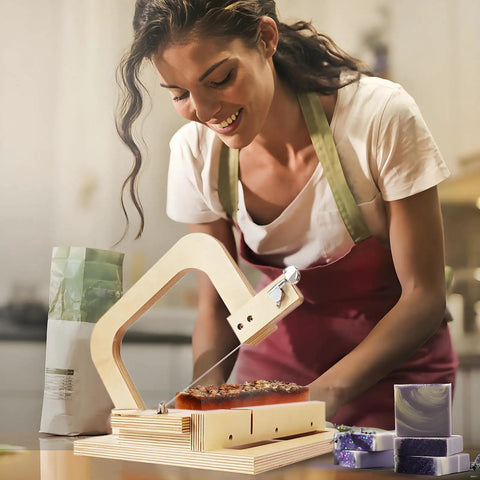 Woman using Wooden Soap Cutter Machine And Loaf Slicer Kit With Adjustable Steel Wire And Ruler Guide for DIY soap making.