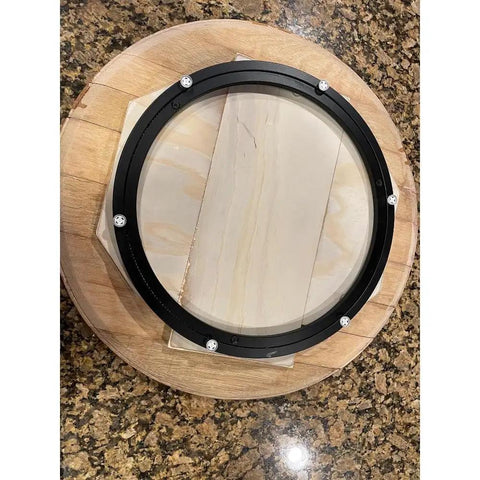 Bottom view of Handcrafted Rustic Barrel Lid Lazy Susan For Kitchen And Table, 360 Degree Non Slip Turntable Spin mechanism exposed.