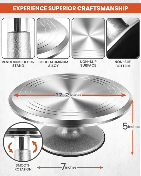 Aluminum cake decorating turntable with revolving stand, 12.2-inch diameter and 5-inch height, non-slip base