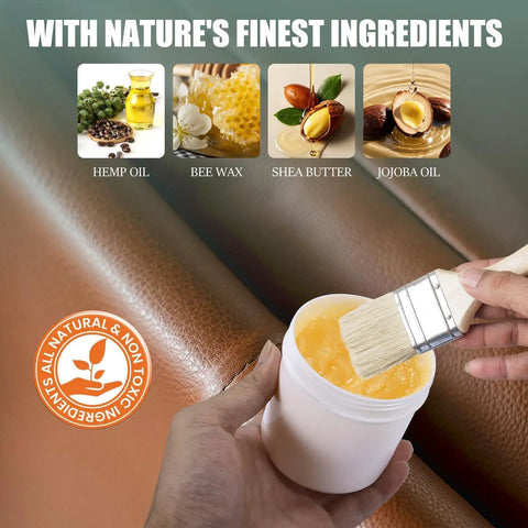 The Real Deal Leather And Furniture Repair Salve Polisher With Deep Conditioner 8 Oz with natural ingredients and application brush.