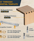 12 Inch Dovetail Jig With Templates, Router Bits, And Guide Bushing For Half Blind And Through Dovetails, Box Joints, And Dados kit featuring the 1/2 inch through dovetail template, metal guide, and bits layout.