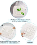Square Shower Drain Cover 5.7 Inch TPR Silicone Hair Catcher Filter Two Pack Grey Bath Floor Protector in use during installation.