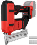 Cordless 18 Gauge Brad Nailer And Staple Gun Kit With Two Thousand Fasteners, showcasing a red and black tool with fasteners.