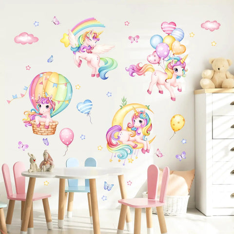 Whimsical Rainbow Unicorn Wall Decals Set With Balloons, Moon, Clouds And Stars For Nursery, Girls Bedroom And Kids Room Decor
