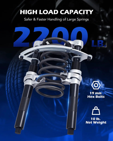 Beefy Heavy Duty Coil Spring Compressor Tool Set 2200lb showing high load capacity and hex bolts for sedans and trucks.