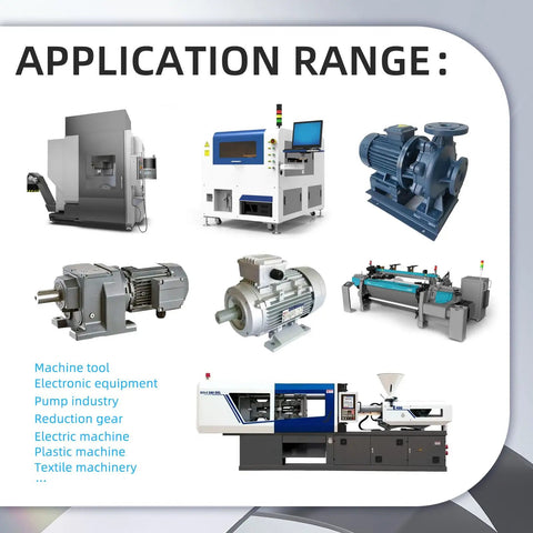 Application range showing various machines and equipment including motors, pumps, and electronic devices.
