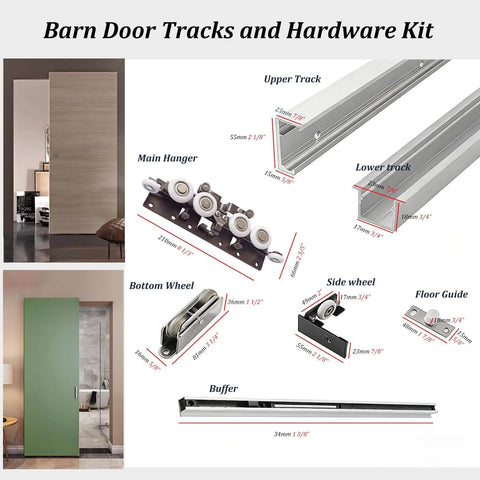 Hidden Soft Close Sliding Door Hardware Kit for barn cabinet bypass doors showing aluminum track, rollers, rail system and guide.
