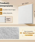 Product diagram showing dimensions and material of Square Acoustic Panels 12 By 12 By 0.4 Inches High Density Polyester Sound Absorbing Panels, self-adhesive.