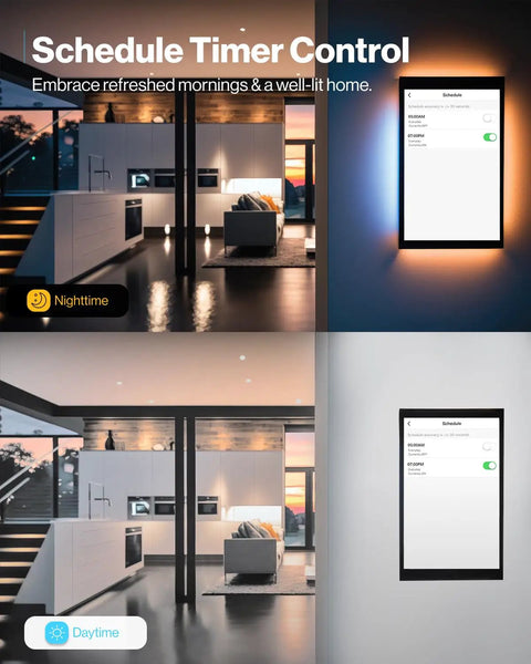 Day and night view of room lighting with BR30 Smart Flood Light Bulb With Alexa And Google Assistant, schedule timer control.
