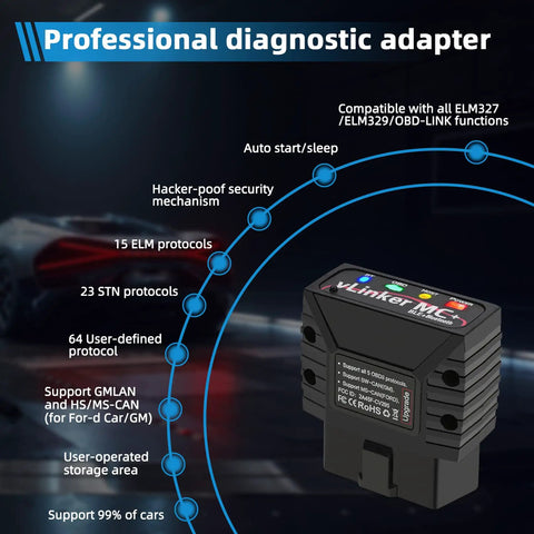 vLinker MC Plus OBDII Bluetooth Adapter with security features and protocol compatibility displayed against dark background